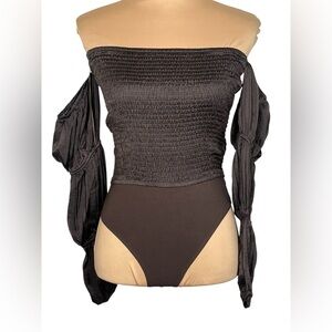 Promesa Chocolate Colored Smocked Off-Shoulder‎ Bodysuit Small NWT